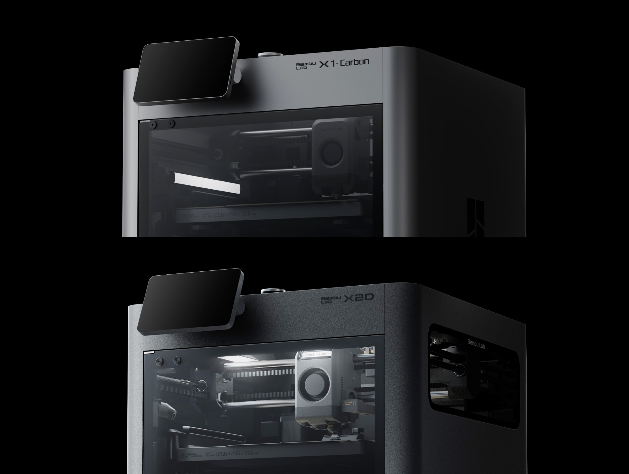 X1-CarbonとX2Dのチャンバー照明比較。下のX2Dは庫内を明るく照らす